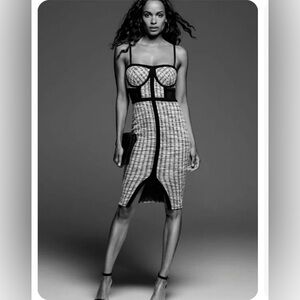 Chic Black and White Plaid Jacquard Dress with removable straps